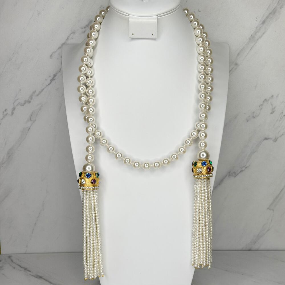 Vintage Faux Pearl Rhinestone Tassel Open Wrap Lariat Necklace Gold Tone ✨